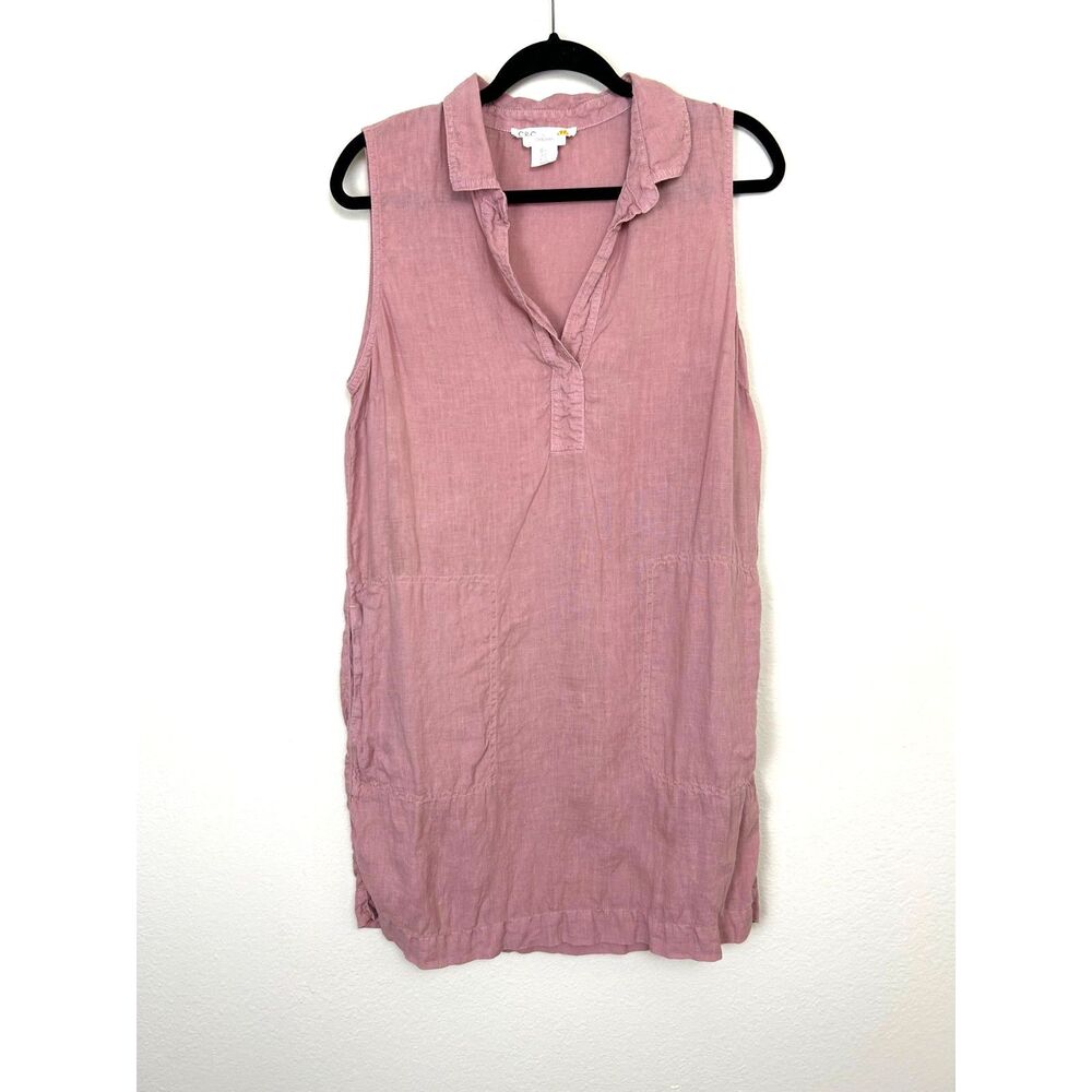C&C California Dress Women's 12 Pink 100% Linen Tank Summer Beachy‎ Pockets